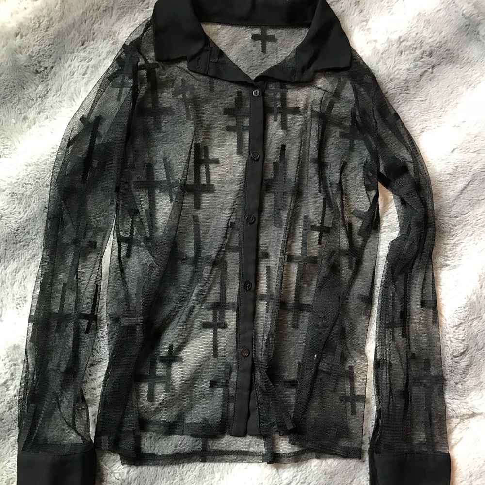Long Sleeve Mesh/See Through Black Cross Button Up